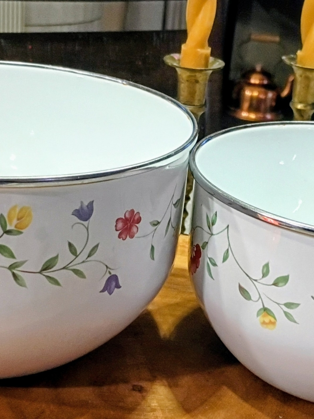 Vintage White Floral Ceramic Mixing Bowls with Silver Rim - Set of 2